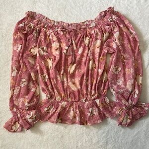 NWOT Lovecolette off shoulder pink and gold floral ruffle long sleeve blouse